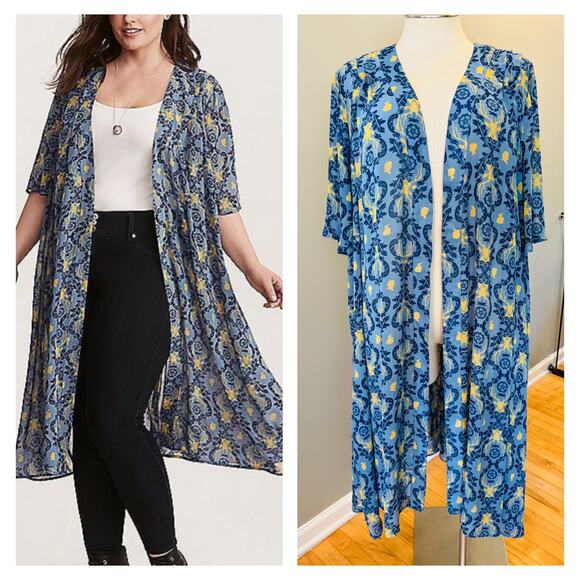 Torrid Plus Size 3 Outlander Damask Deer Chiffon Long Open‎ Front Kimono Duster - Picture 1 of 3